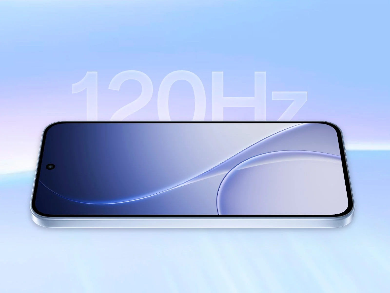 青と紫のグラデーションの背景に「120Hz」の文字が薄く表示され、中央にはモダンなデザインのスマートフォンが横向きに置かれています。スマートフォンの画面には滑らかな波状の抽象的なデザインが映し出されており、高リフレッシュレートの性能を示唆しています。