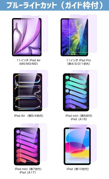 ブルーライトカット機能とガイド枠付きのiPad用保護フィルム