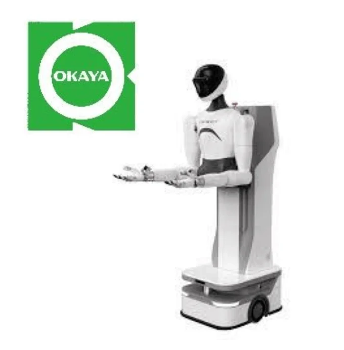 OKAYAのロゴとヒューマノイドロボット