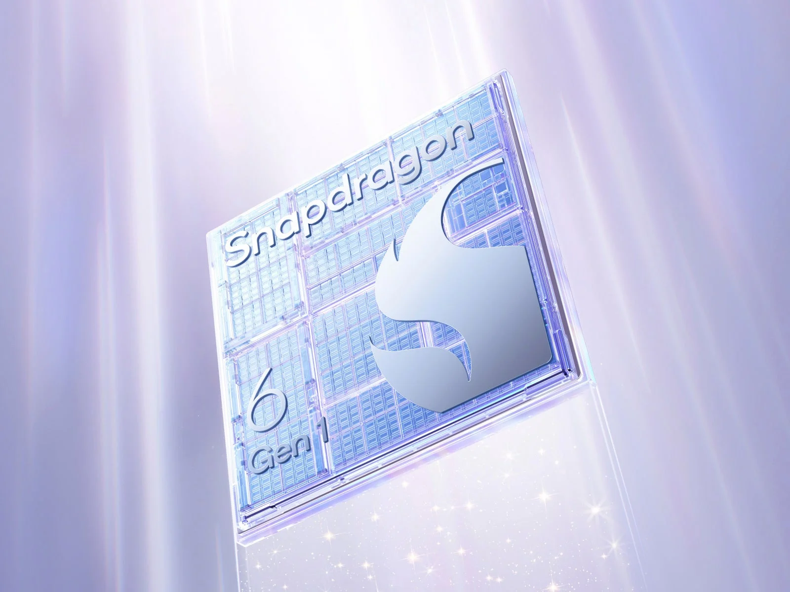 「Snapdragon 6 Gen 1」の文字とロゴが刻まれたマイクロチップが、光り輝く未来的な背景に浮かび上がるように描かれています。
