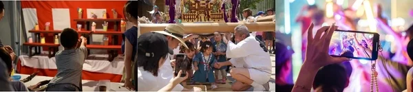 縁日のゲーム、伝統的な祭りで子供たちと神輿を囲む人々、そしてライブイベントをスマホで撮影する様子を組み合わせた画像です。
