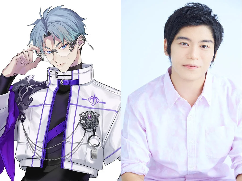 水色の髪と特徴的な眼鏡をかけたアニメ風の男性キャラクターと、ピンクのシャツを着た実写の男性が写っている画像