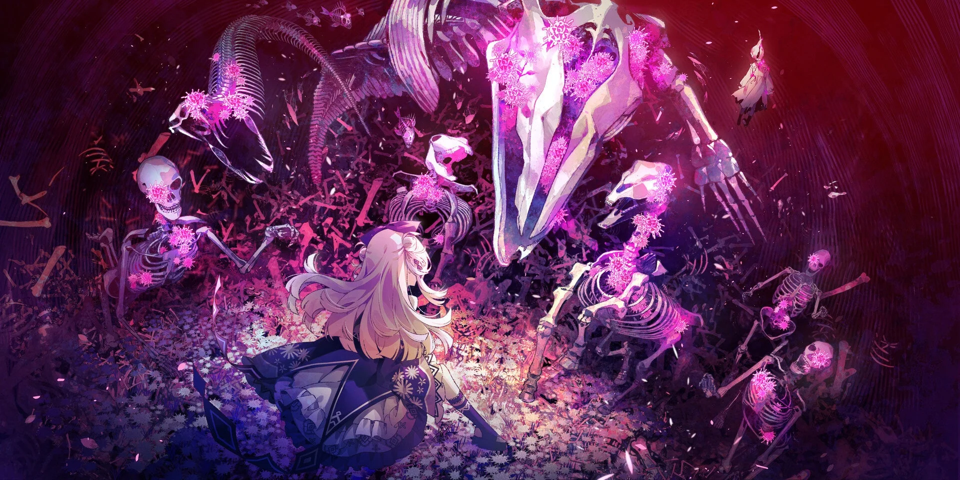 ファンタジーな骸骨と花に囲まれた少女