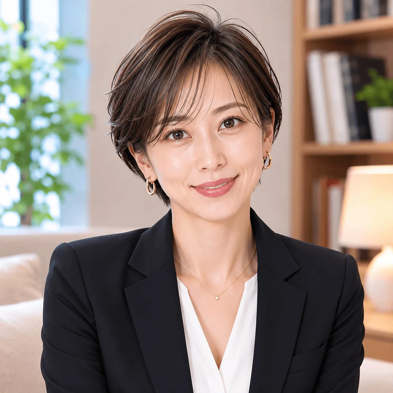 女性、ショートヘア、笑顔、ビジネス、スーツ、ブレザー、オフィス、ポートレート、ファッション、ピアス、ネックレス、室内、日本人、アジア人