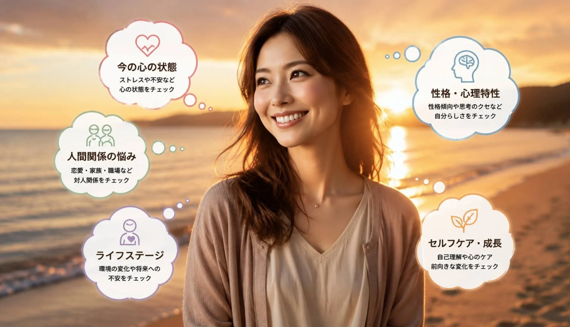 自己診断、心理状態、人間関係、ライフステージ、性格、心理特性、セルフケア、成長、メンタルヘルス、女性、笑顔、夕焼け、ビーチ、カウンセリング、自己分析