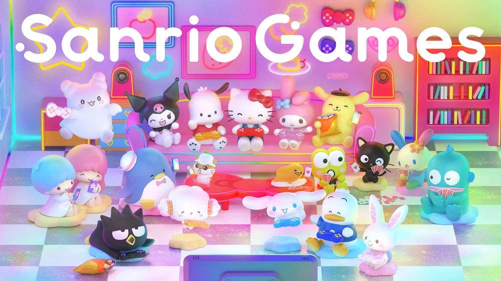 「Sanrio Games」のロゴの下、パステルとネオンカラーに彩られた部屋で、ハローキティ、マイメロディ、クロミなど多数のサンリオキャラクターたちが、ビデオゲームやカードゲームに興じる賑やかなシーンです。