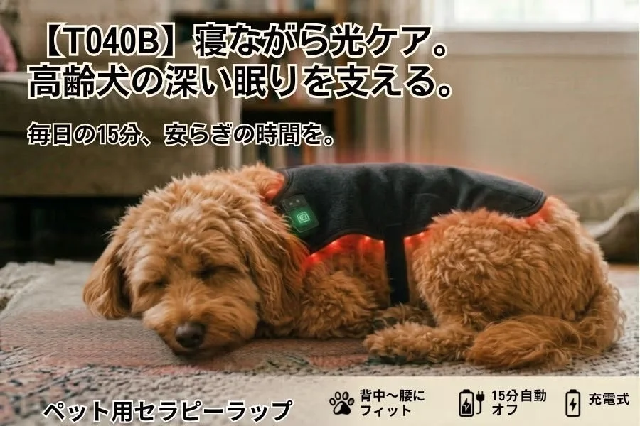 光ケア用のセラピーラップを装着して眠る高齢犬