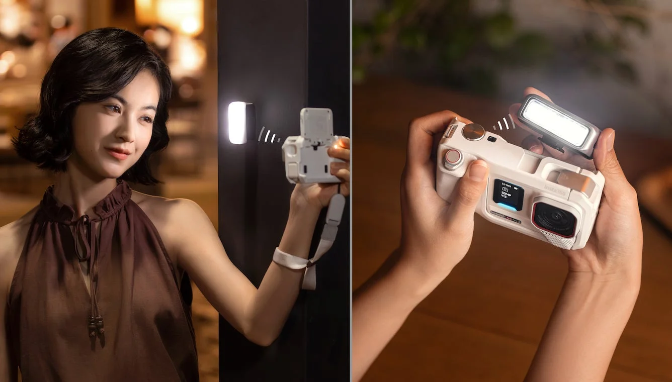 Insta360 Ace Pro 2とフラッシュフィルライトで撮影する女性