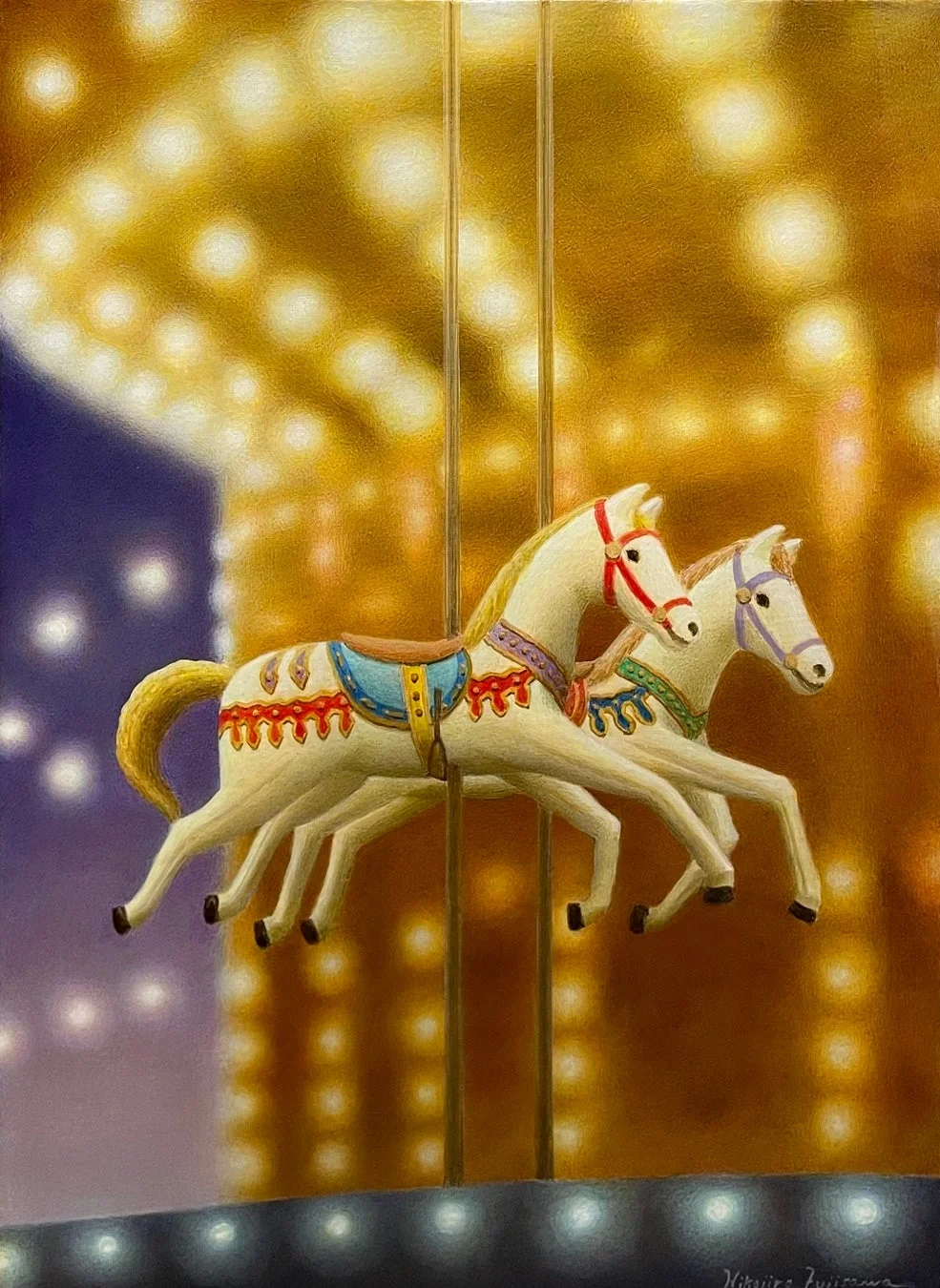 メリーゴーランドの馬を描いた幻想的な絵画