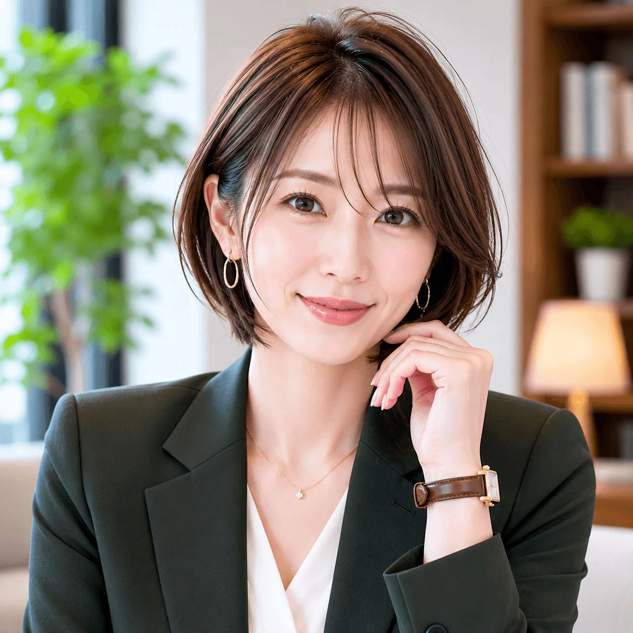 女性、ショートヘア、ビジネス、オフィス、笑顔、ファッション、アクセサリー、スーツ、時計、ネックレス、ピアス、室内、ポートレート、日本人