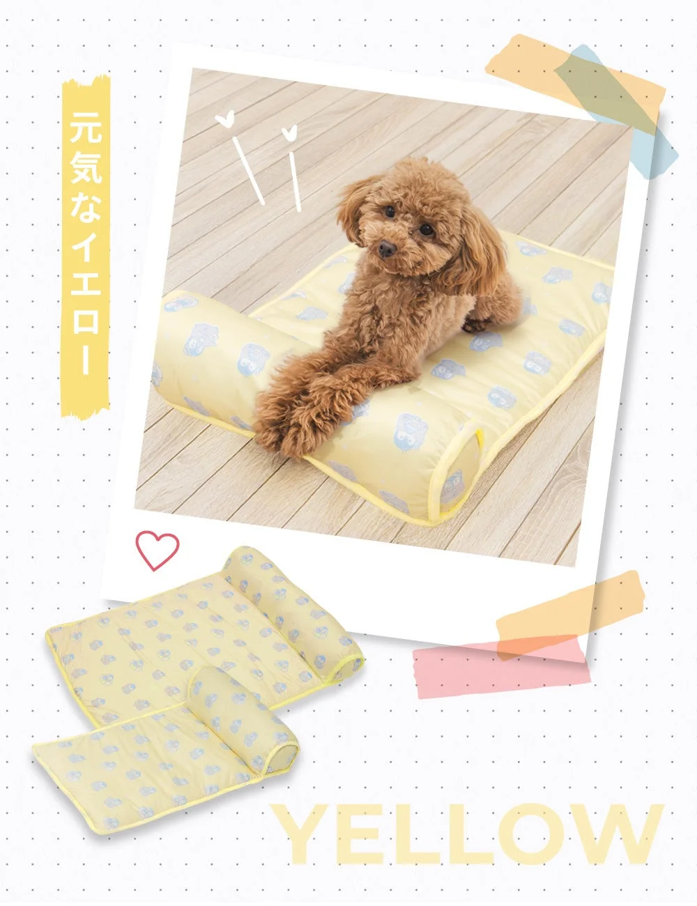 黄色のペット用ベッドでくつろぐトイプードル