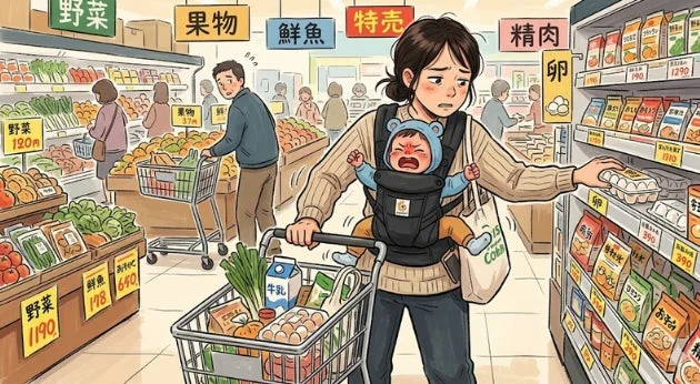 子連れ買い物中の母親のイラスト