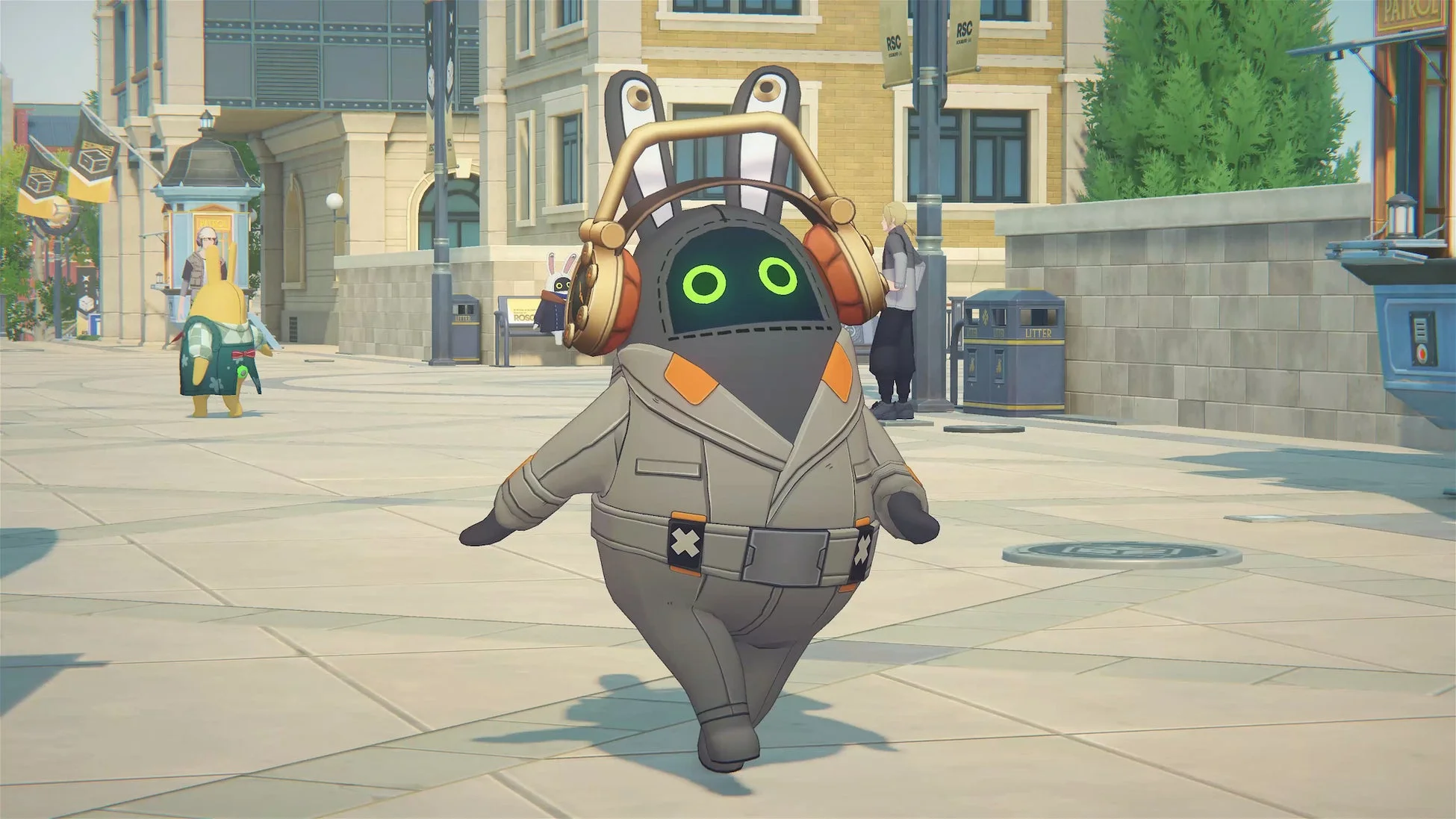 ウサギのようなロボットキャラクターが歩く都市の広場