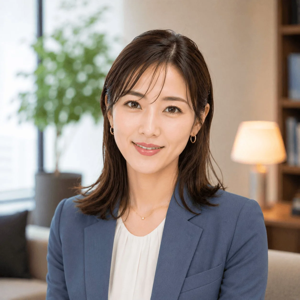 女性、ビジネス、スーツ、笑顔、ポートレート、オフィス、プロフェッショナル、日本人、ショートヘア、明るい