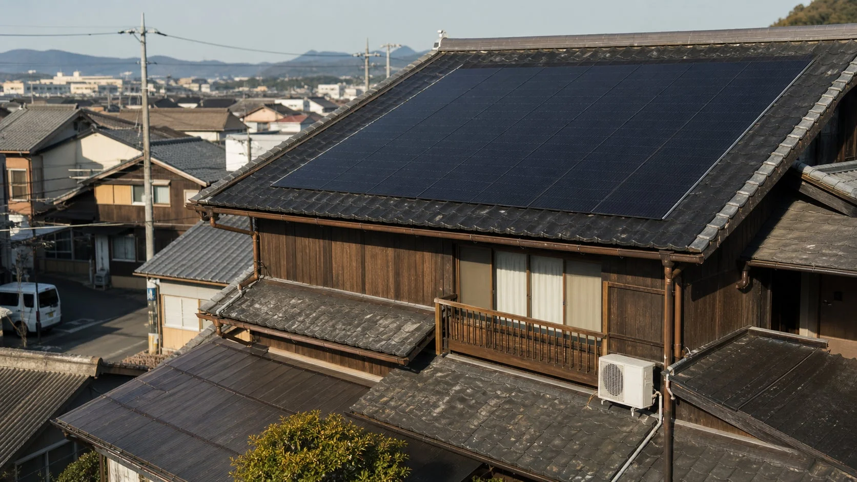 日本の住宅街の屋根に設置された太陽光パネル