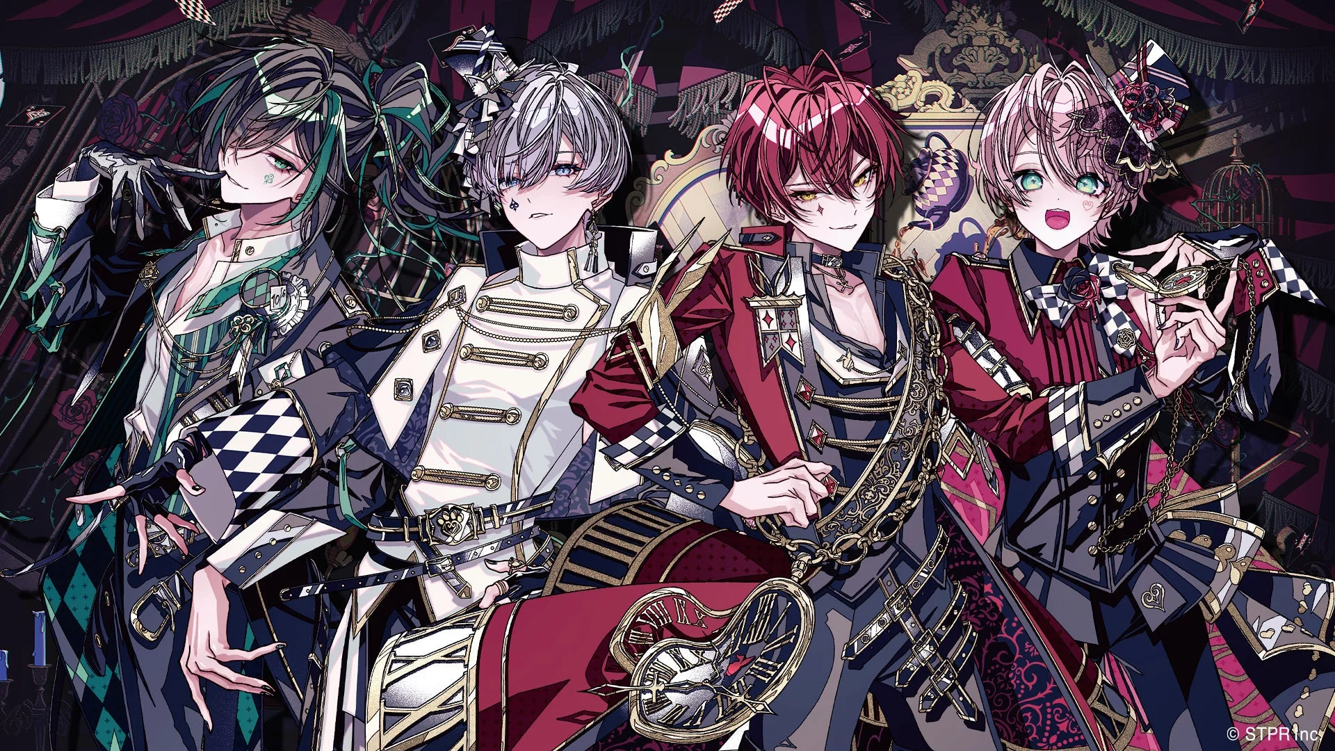 豪華でダークなファンタジー世界観の中、軍服風の衣装をまとった4人の男性キャラクターが描かれたイラスト