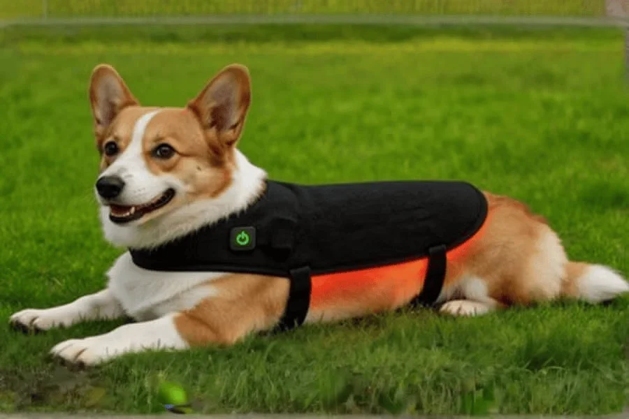 黒いベストを着た笑顔のコーギー犬が芝生の上に横たわっている