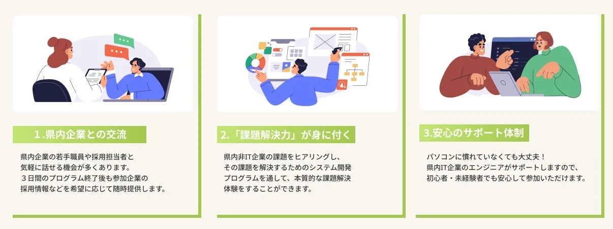 県内企業との交流、課題解決力の習得、そして安心のサポート体制という3つの特徴を持つプログラム