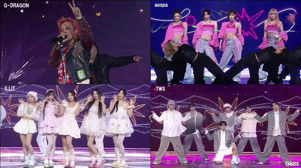 K-POPアーティストのパフォーマンスを捉えた4分割の画像です。G-DRAGON、aespa、ILLIT、TWSがそれぞれのステージで歌唱やダンスを披露しており、各アーティストの個性的な衣装とステージ演出が特徴的です。