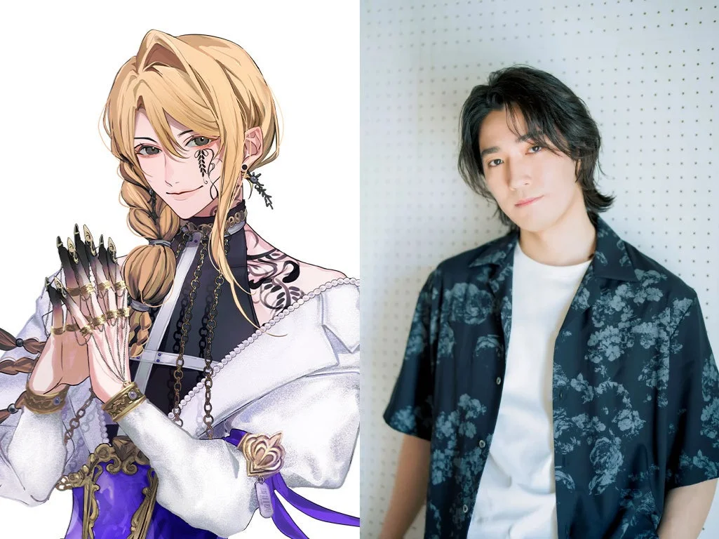 金髪でファンタジー風の衣装をまとったアニメキャラクターと、黒髪の男性が花柄のシャツを着て写っている画像