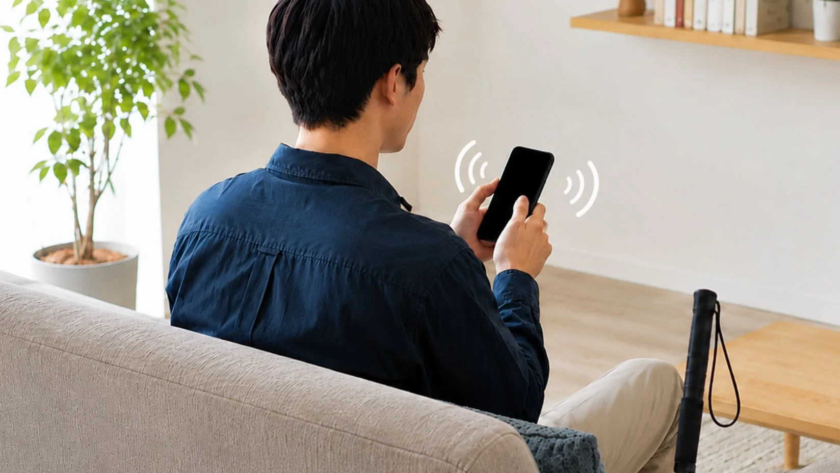 ソファに座りスマートフォンを操作する男性の後ろ姿