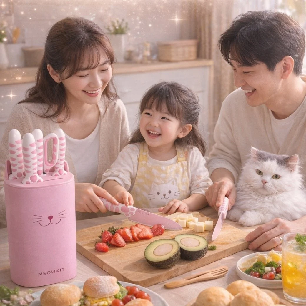 キッチンで家族と猫が一緒に料理を楽しむ様子