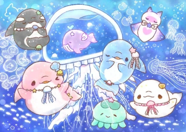可愛らしい海の生き物たちがきらめく水中を穏やかに漂うイラスト