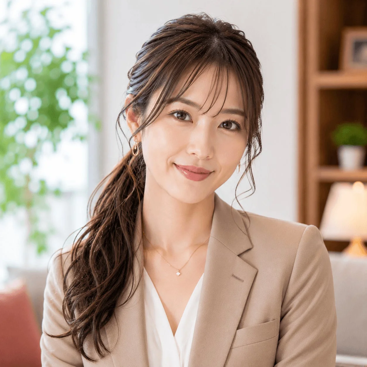 女性、笑顔、ビジネス、カジュアル、ポートレート、日本人、アジア人、屋内、オフィス、自然光、ブレザー、ネックレス、ピアス、髪を結ぶ