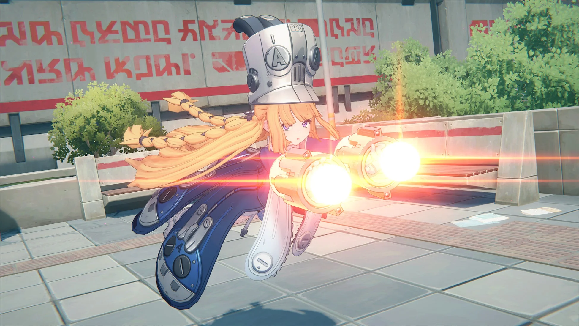 金髪の少女が光るエネルギー弾を発射するアクションシーン