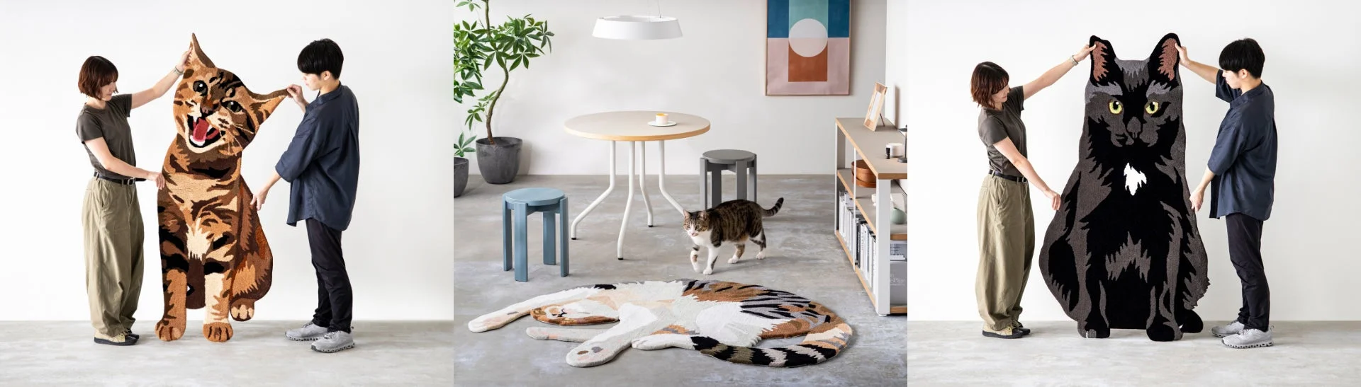 全身タイプの猫型ラグを抱える人々