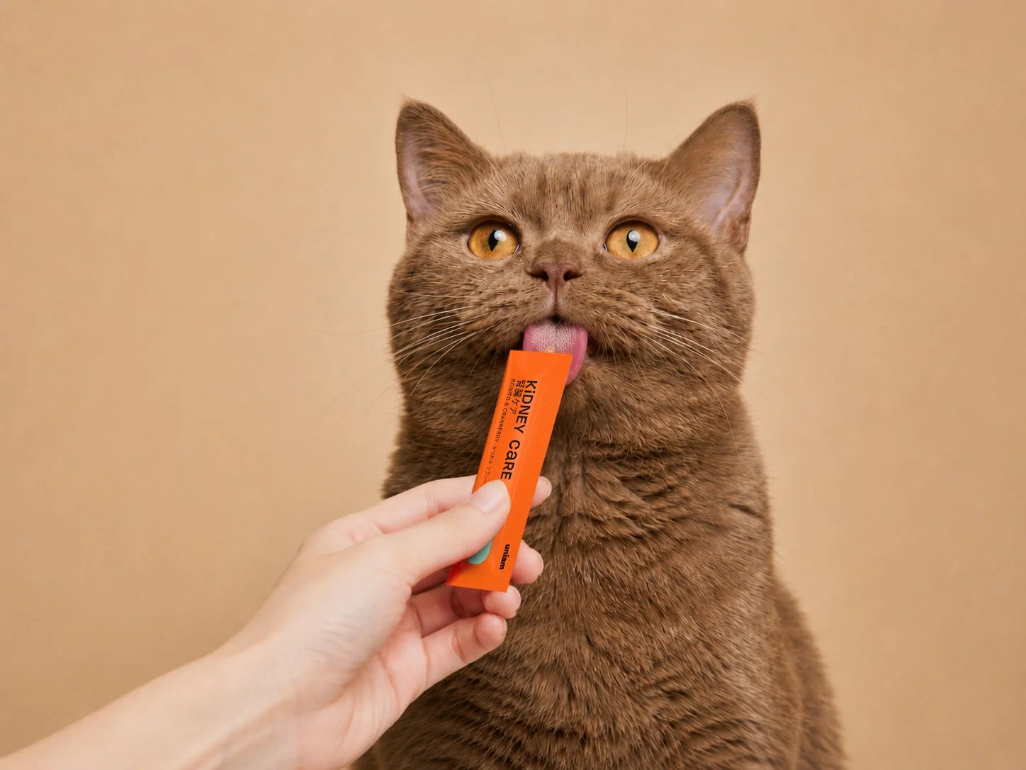 茶色の猫がおやつを舐めている様子
