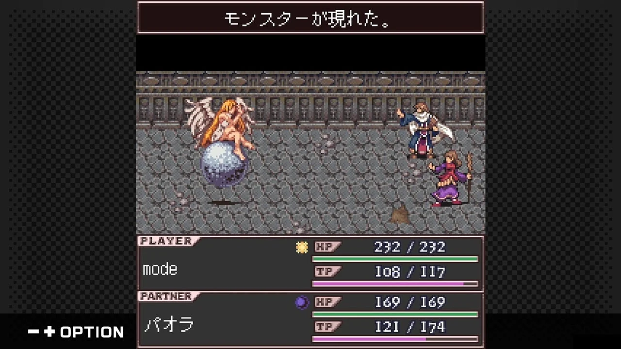 ピクセルアートのRPGゲームの戦闘画面でモンスターと対峙する様子