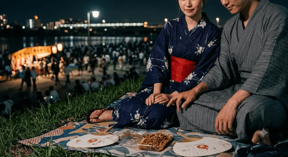 浴衣、夏祭り、カップル、屋台、夜景、川辺、ピクニック、日本、和服、祭り、夕涼み、デート、日本の夏、夜店、焼きそば