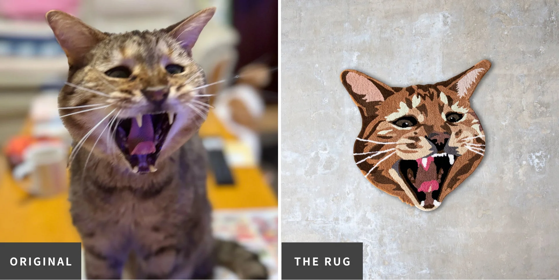 あくびをする猫と制作されたラグ