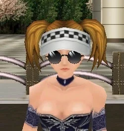 チェック柄のバイザーとサングラスをかけた3Dの女性キャラクター