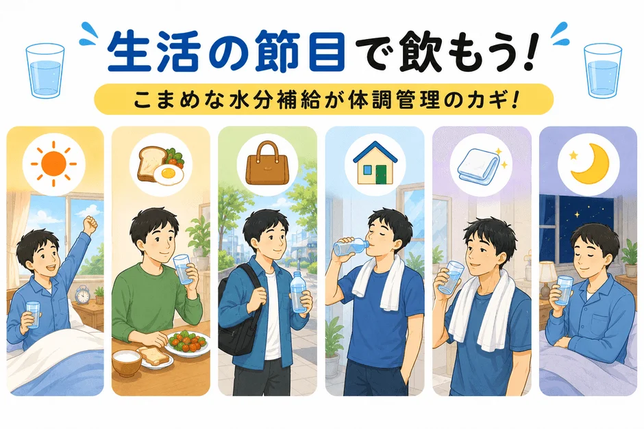 生活の節目で水分補給をする男性のイラスト
