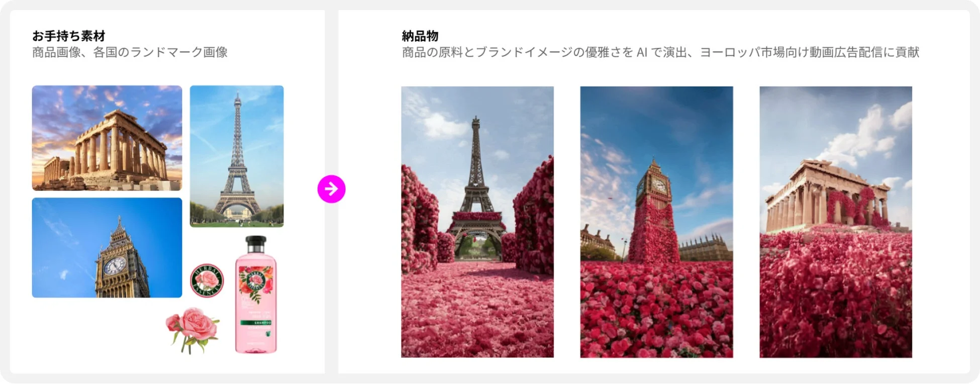 商品画像からヨーロッパ市場向け動画広告への変換例