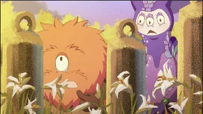柱の陰から覗き込むキャラクターたち