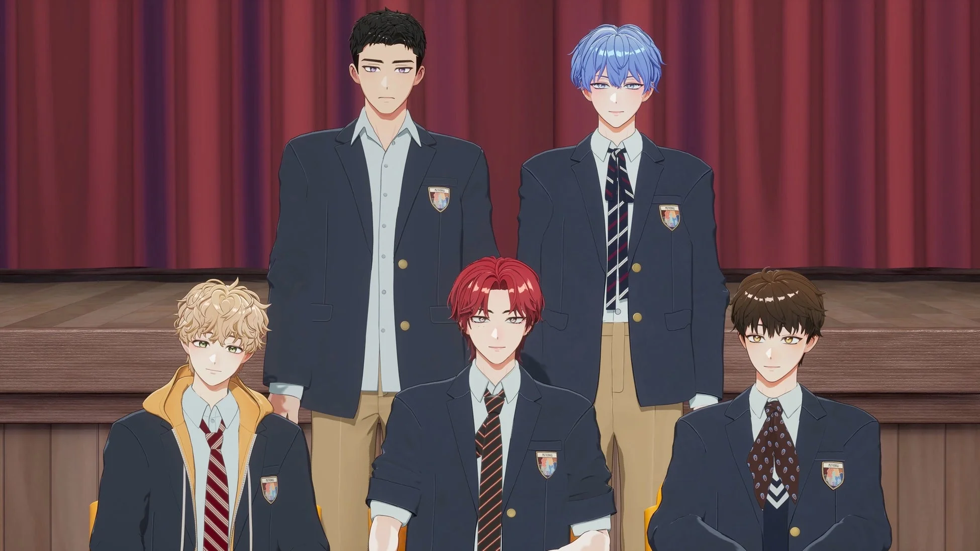 赤いカーテンのあるステージで、制服を着た5人の男性アニメキャラクターが整列してポーズを取っています。学園生活の一場面を切り取ったような、若々しい雰囲気の画像です。