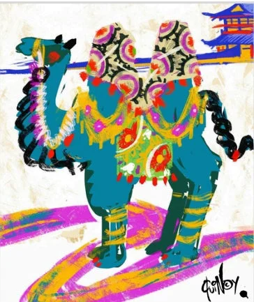 鮮やかな色彩で描かれたラクダのイラスト