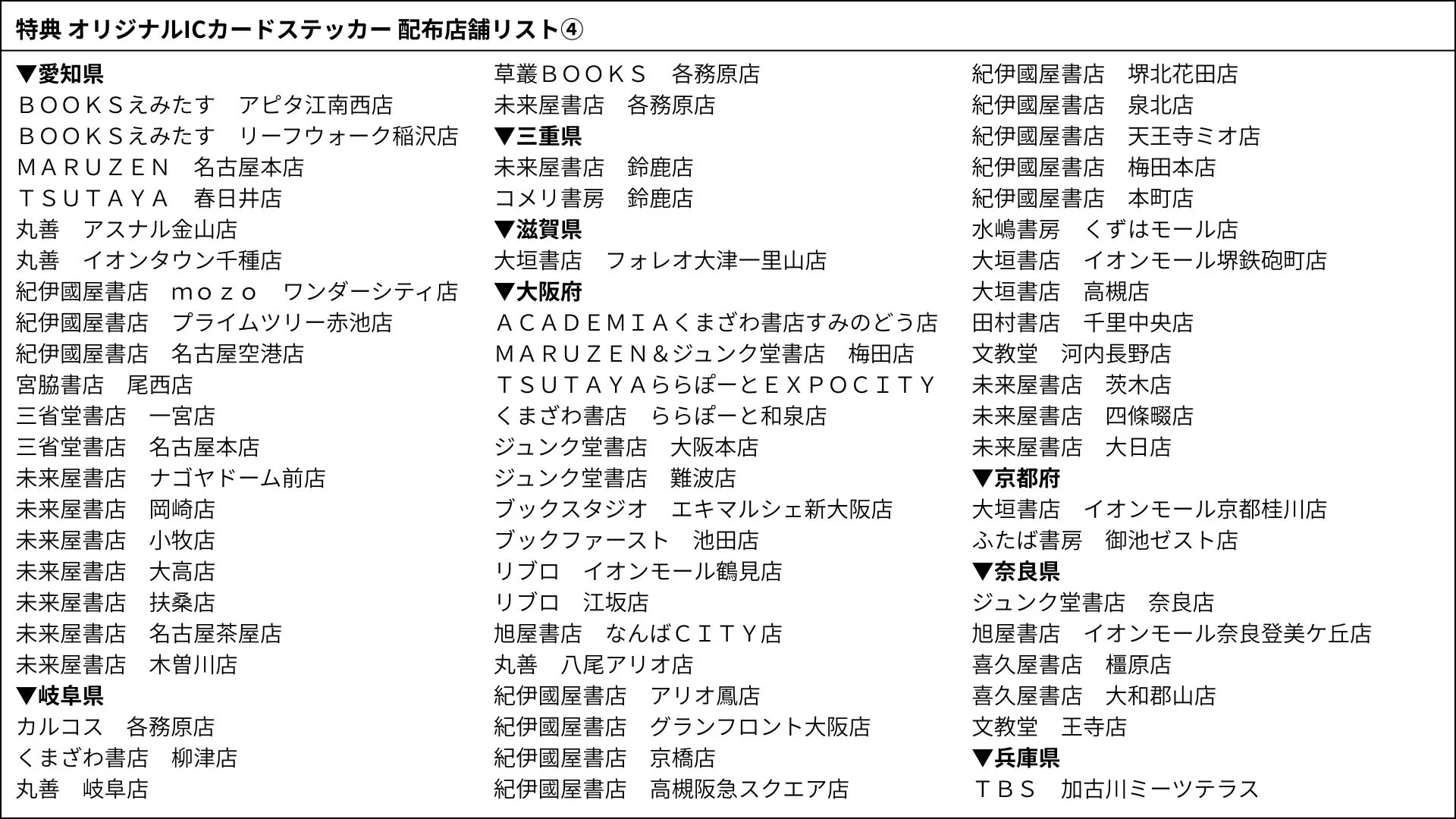 特典 オリジナルICカードステッカー 配布店舗リスト ④