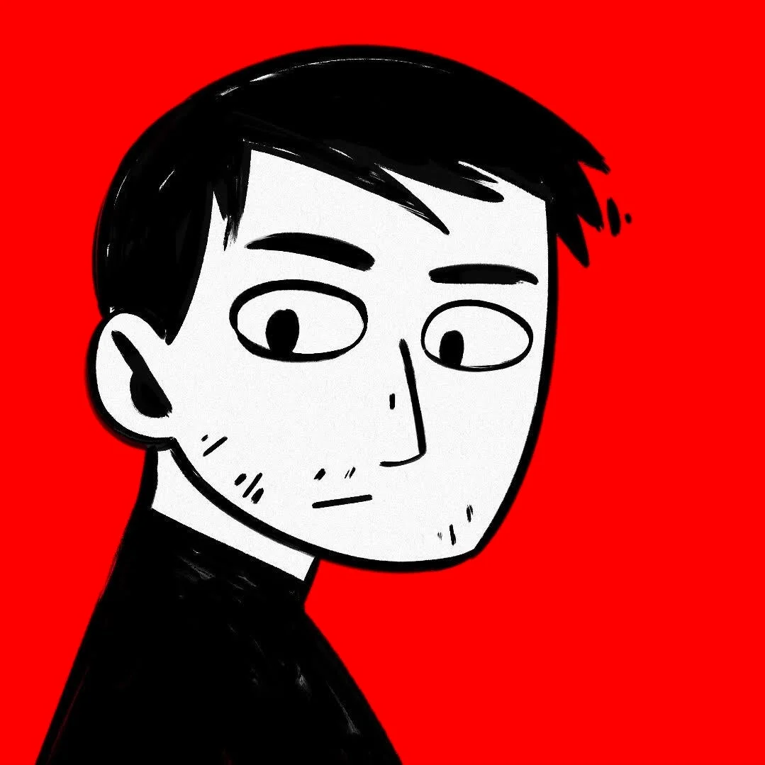 赤い背景に、黒い髪とひげのある男性の頭部と上半身を描いたシンプルなイラスト。白黒と赤の三色で構成されており、男性は横を向いている。