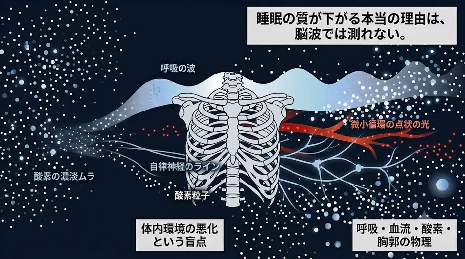 睡眠の質の低下は脳波だけでは測れず、呼吸、血流、酸素、自律神経、微小循環といった体内環境の物理的要因が深く関わっていることを示すイラストです。