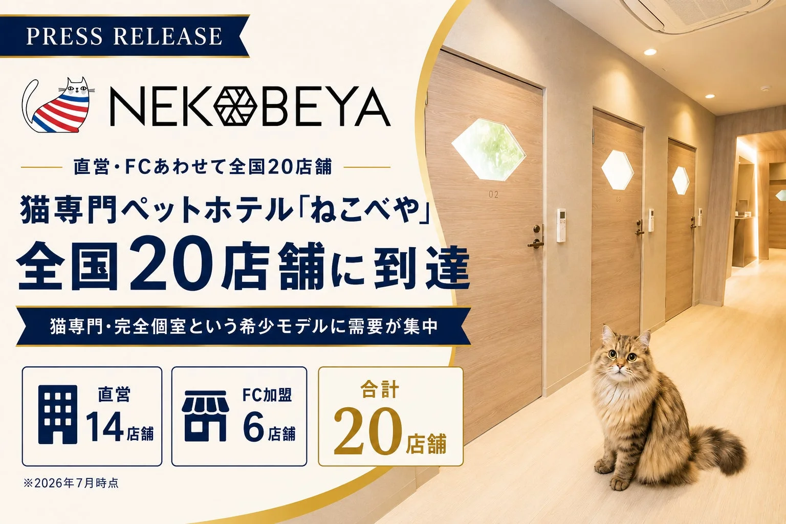 猫専門ペットホテル「ねこべや」が全国20店舗に到達