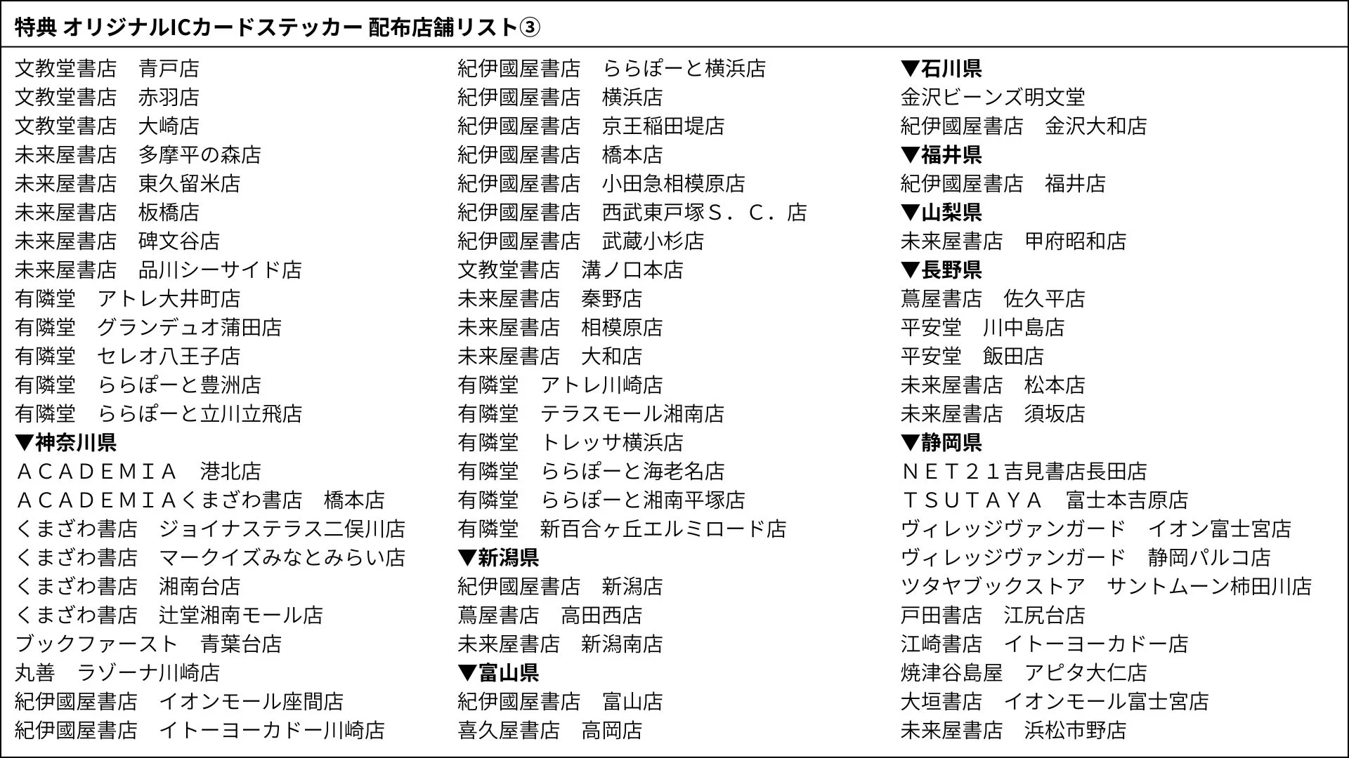 特典 オリジナルICカードステッカー 配布店舗リスト ③