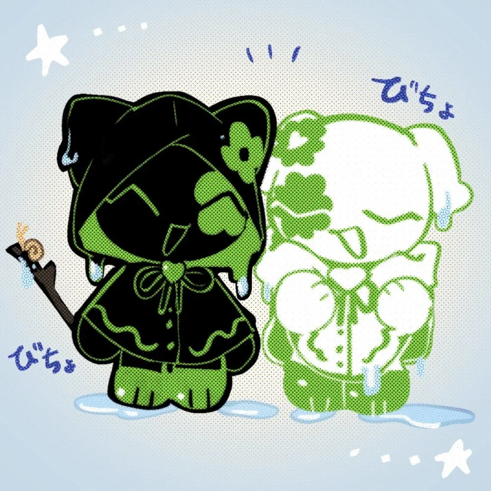 雨に濡れてびしょびしょになった、黒と白の可愛らしいキャラクターが並んでいます。水滴が滴り落ち、足元には水たまりができています。片方のキャラクターはカタツムリが乗った棒を持っています。