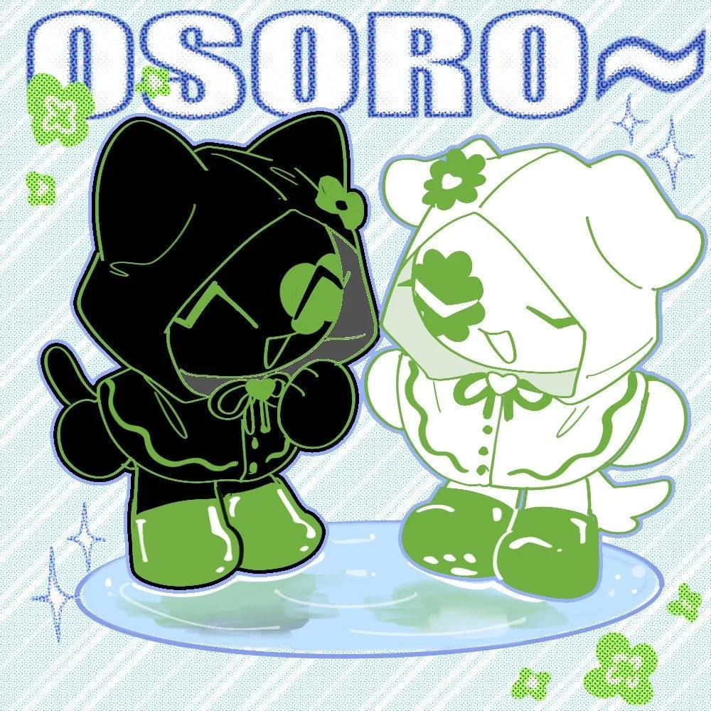 フード付きのレインコートと長靴を履いた、黒と白のペアキャラクターが描かれた可愛いイラスト