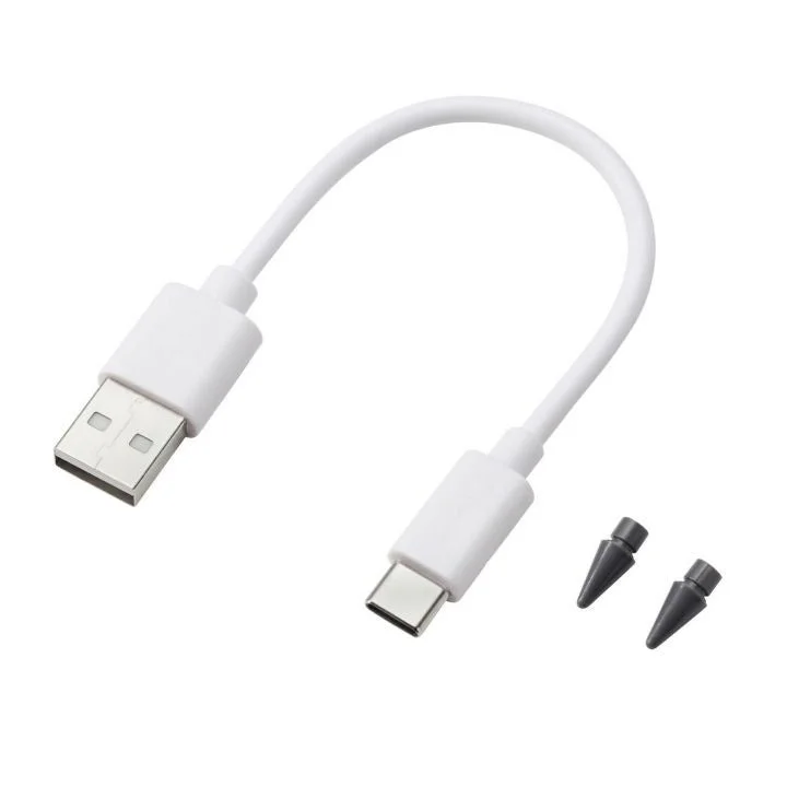 白いUSB-A to USB-Cケーブルと、2つの交換用スタイラスペン先