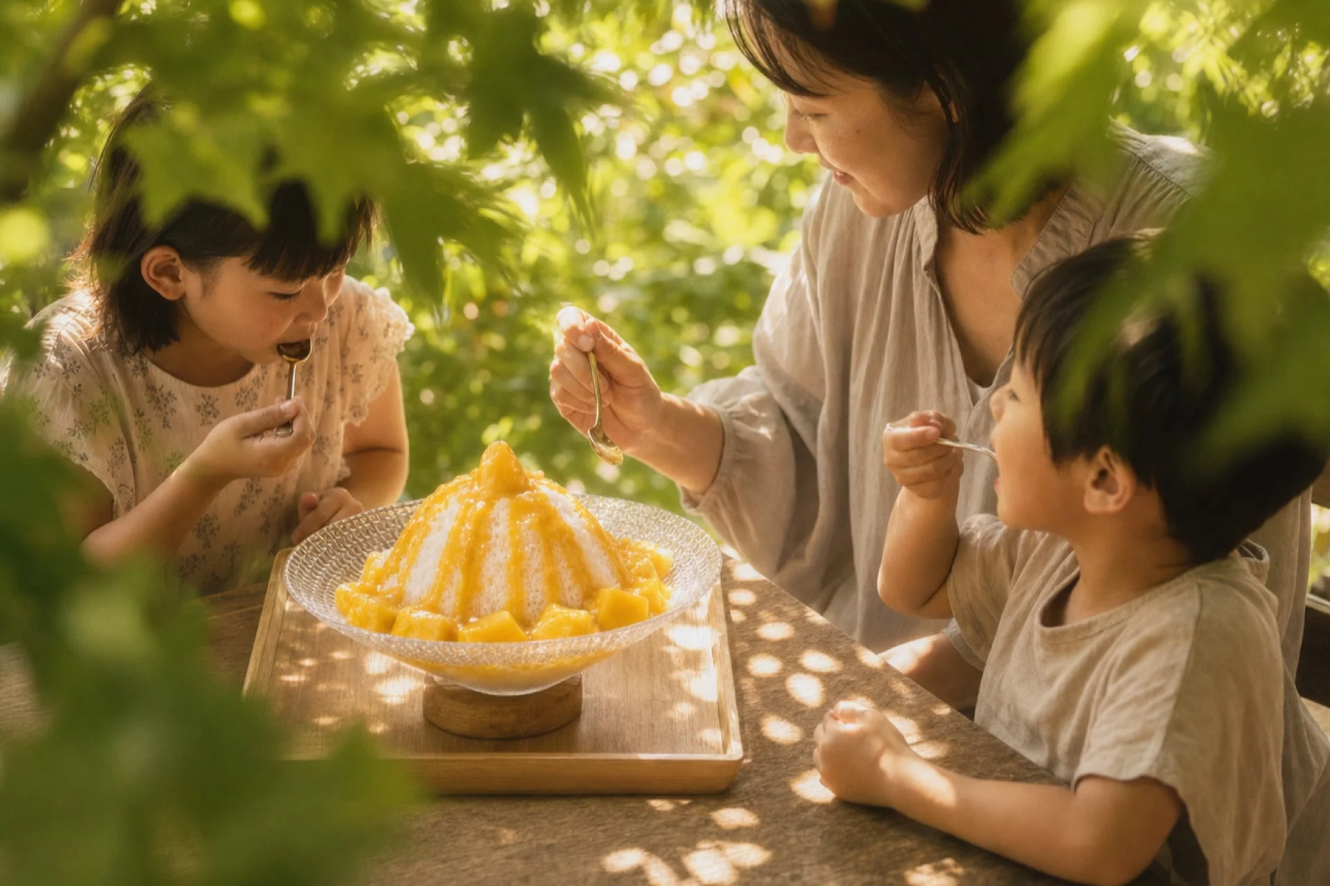 家族でかき氷を楽しむ