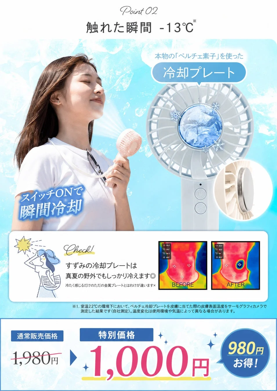 ペルチェ冷却プレート付きハンディファン「すずみ」